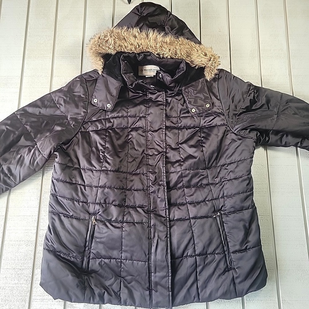 VTG Weather Tamer Puffer Jacket Women's 2X Zip Black Hooded Down Faux Fur - 2XL - Picture 2 of 10